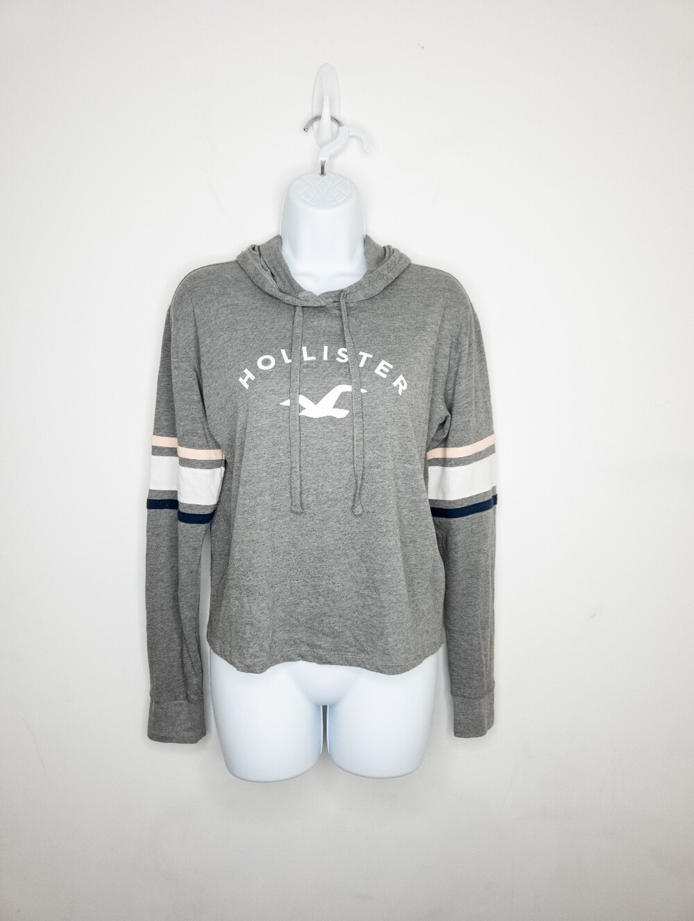 Hollister Logo Hoodie Size Small Gray Striped Sleeves